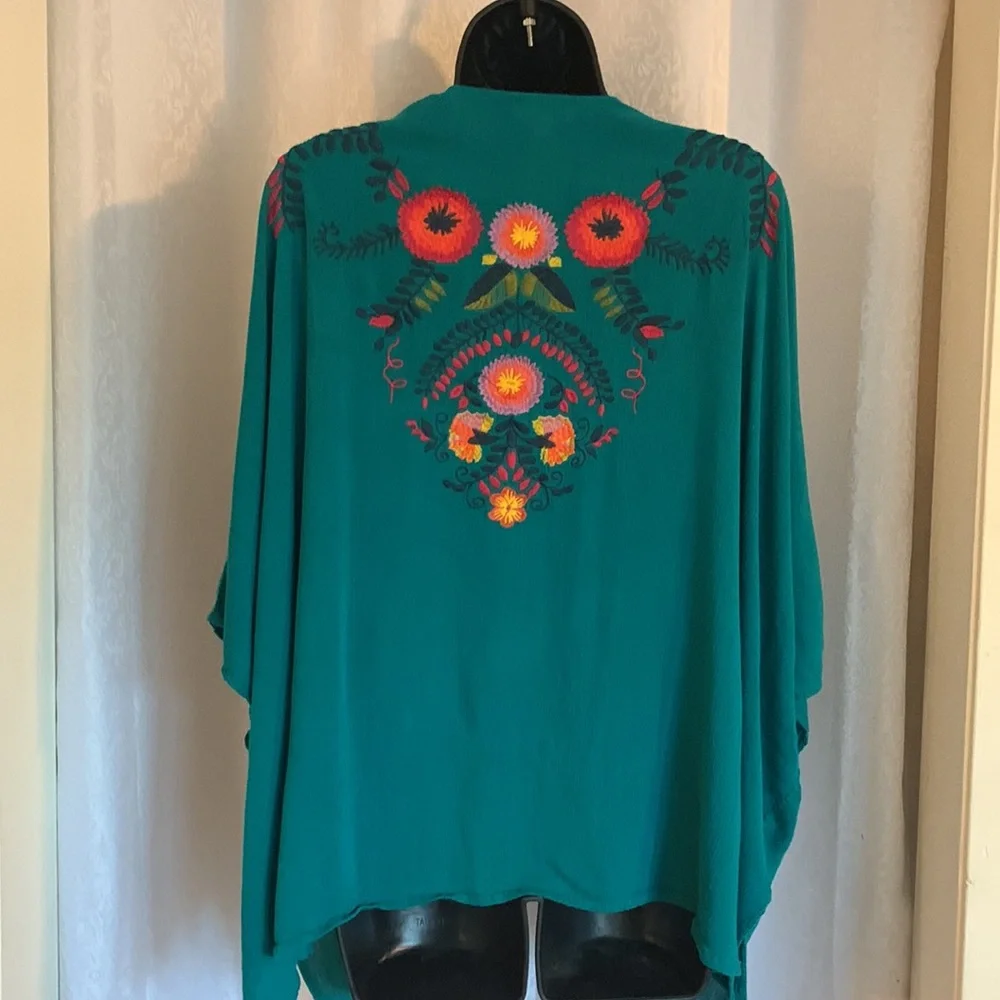 Umgee Teal Green Floral Embroidered Kimono